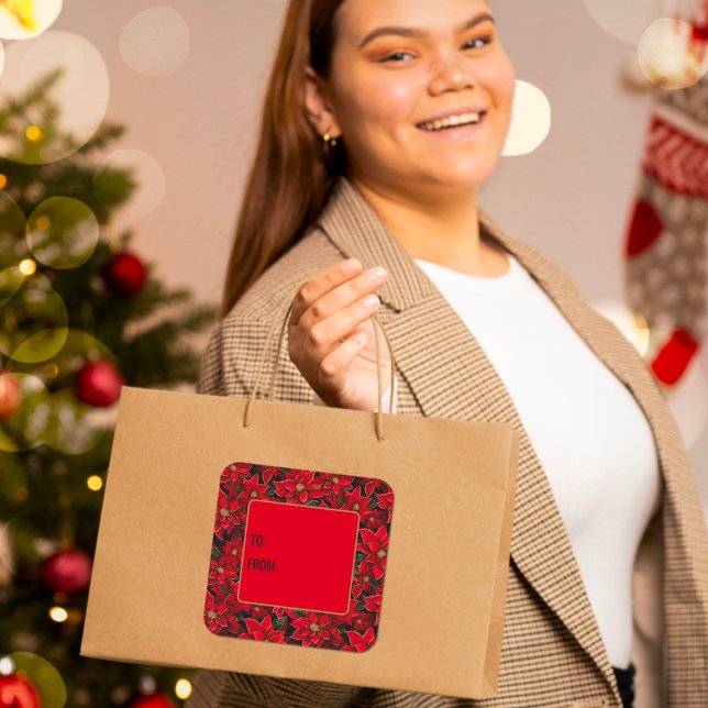 Red Holiday Christmas Poinsettia Geschenk Tag Quadratischer Aufkleber (Von Creator hochgeladen)