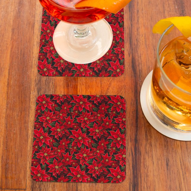 Red Holiday Christmas Poinsettia Pattern Rechteckiger Pappuntersetzer (Von Creator hochgeladen)