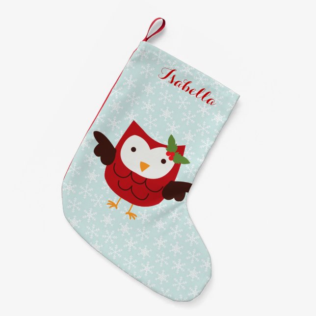 Red Holiday Owl Personalisiert Kleiner Weihnachtsstrumpf (Vorderansicht (hängend))
