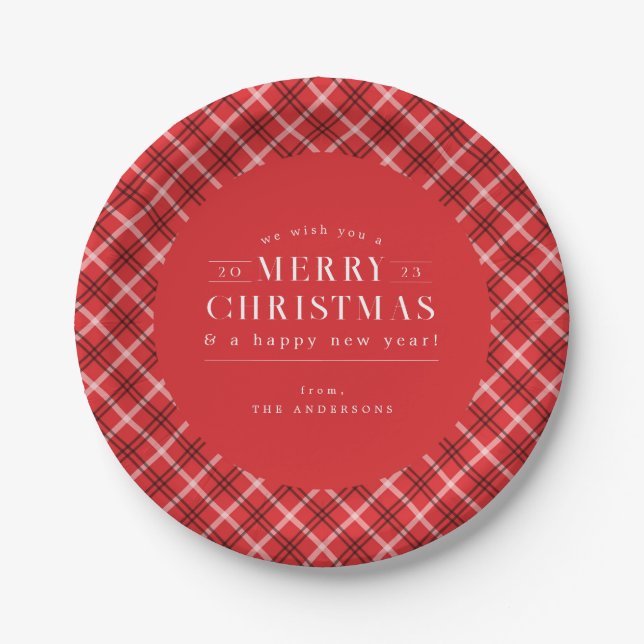 Red Holiday Plaid Christmas Pappteller (Vorderseite)