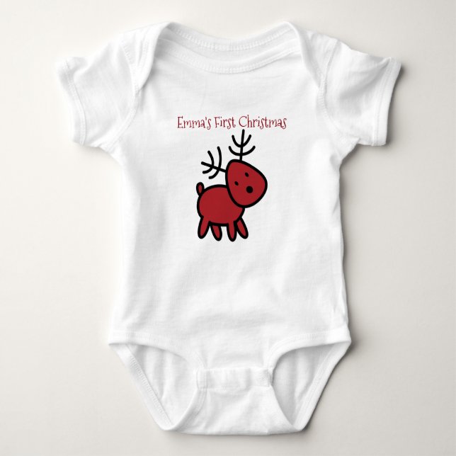 Red Holiday Reindeer Illustration Erste Weihnachts Baby Strampler (Vorderseite)