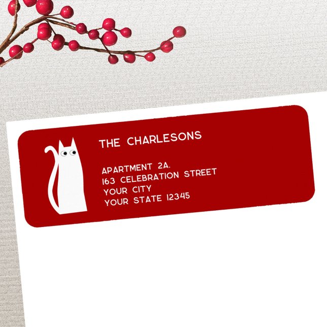 Red Holiday Rücksendeadresse (Festive red white cat personalized return address label for Christmas and the winter holidays)
