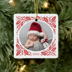 Red Holly 2 Foto mit Jahr Weihnachten Keramikornament