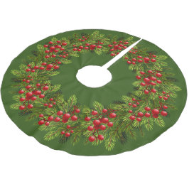 Red Holly Berries Green Pine Tree Needles Motif Polyester Weihnachtsbaumdecke