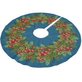 Red Holly Berries Green Pine Tree Needles Motif Polyester Weihnachtsbaumdecke