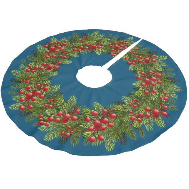 Red Holly Berries Green Pine Tree Needles Motif Polyester Weihnachtsbaumdecke (Schrägansicht)