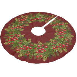 Red Holly Berries Green Pine Tree Needles Motif Polyester Weihnachtsbaumdecke
