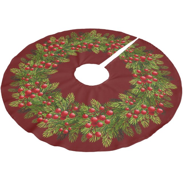Red Holly Berries Green Pine Tree Needles Motif Polyester Weihnachtsbaumdecke (Schrägansicht)