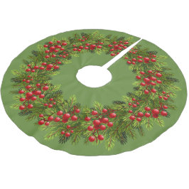 Red Holly Berries Green Pine Tree Needles Motif Polyester Weihnachtsbaumdecke