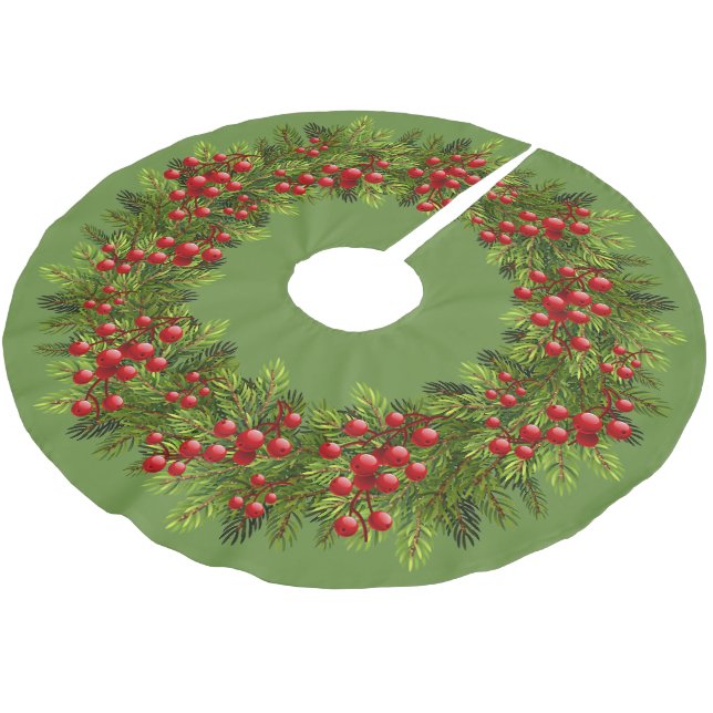 Red Holly Berries Green Pine Tree Needles Motif Polyester Weihnachtsbaumdecke (Schrägansicht)