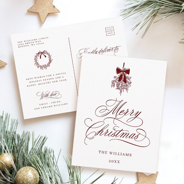 Red Holly Berry Bouquet Romantische Frohe Weihnach Postkarte (Front & Back)