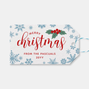 Red Holly Blue Schneeflocken Frohe Weihnachten Von Geschenkanhänger