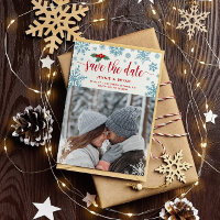 Red Holly Blue Snowflakes Foto Weihnachten Hochzei