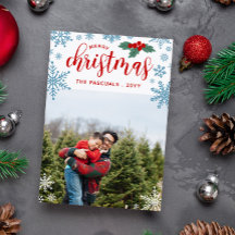 Red Holly Blue Snowflakes Merry Christmas Photo