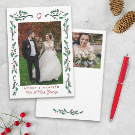 Red Holly Frame Merry & Married Christmas Photos Feiertagskarte