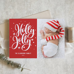 Red Holly Jolly Hand Lettering Baby Foto Feiertagskarte