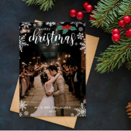 Red Holly Snowflakes 1st Christmas Wedding Photo Feiertagskarte