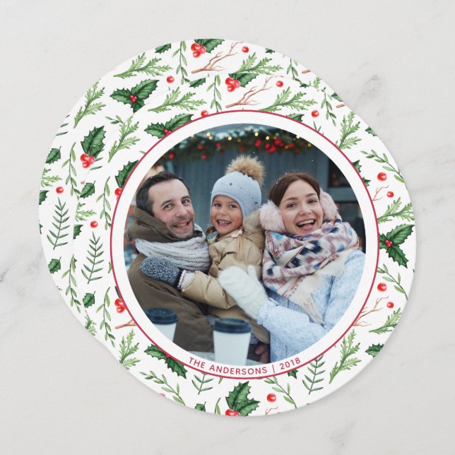 Red Holly Verlasse Weihnachten Familienurlaub Foto Einladung (Vorne/Hinten)