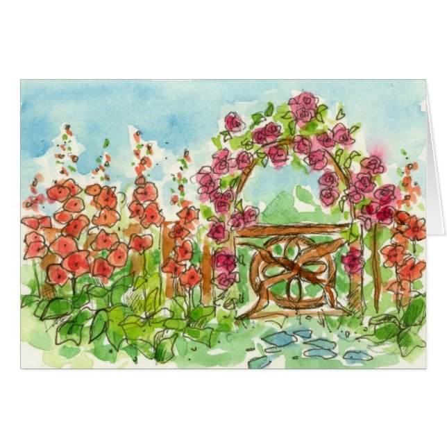 Red Hollyhock Watercolor Blume Garden Gate Blank (Vorderseite (Horizontal))