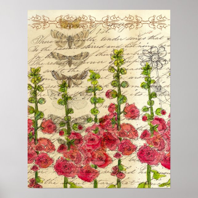 Red Hollyhocks Apple Blossom Butterfly Collage Poster (Vorne)