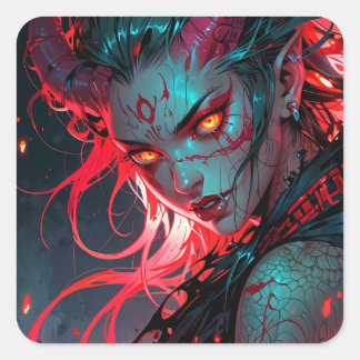 Red Horned Anime Girl Quadratischer Aufkleber