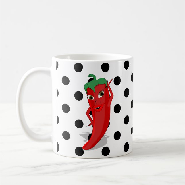 Red Hot Pepper Diva Black Polka Dots Tasse (Links)