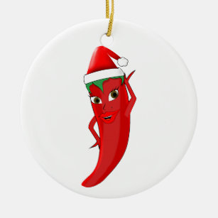 Red Hot Pepper Diva mit Santas-Hut Keramik Ornament