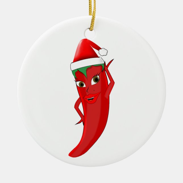 Red Hot Pepper Diva mit Santas-Hut Keramik Ornament (Vorne)