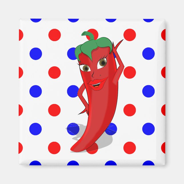 Red Hot Pepper Diva Red Blue Polka Dots Magnet (Vorne)