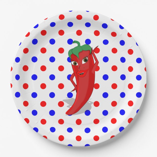 Red Hot Pepper Diva Red Blue Polka Dots Pappteller (Vorderseite)