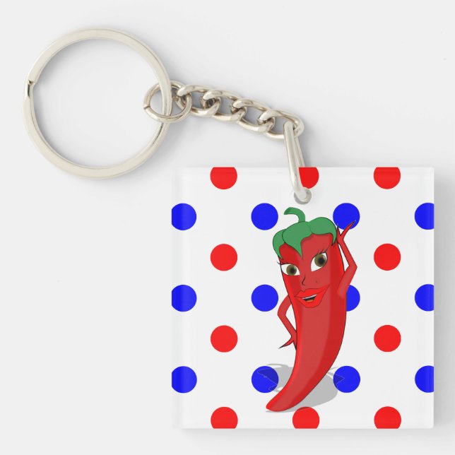 Red Hot Pepper Diva Red Blue Polka Dots Schlüsselanhänger (Vorderseite)