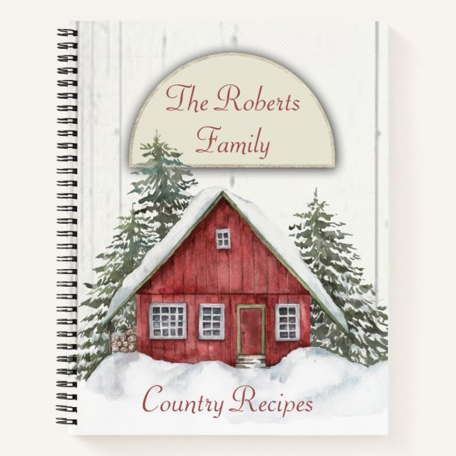 Red House Winter Scene Rezept Notebook Notizbuch (Vorderseite)