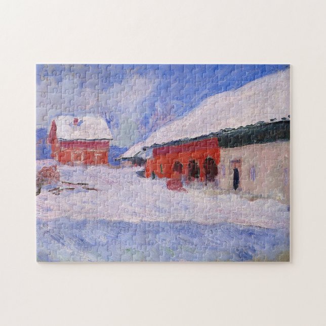 Red Houses Bjornegaard Snow Norwegen Monet Fine Ar Puzzle (Horizontal)