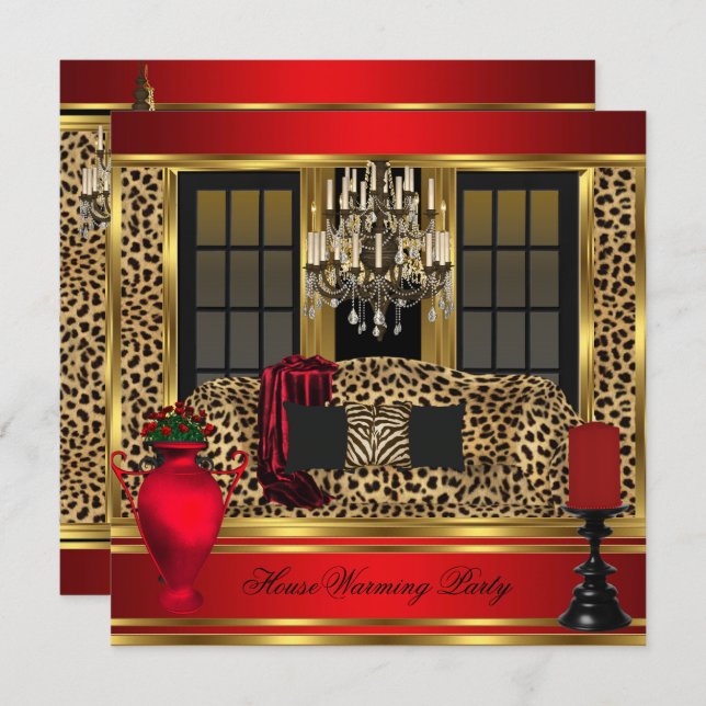 Red Housewarming Party Chandelier Leopard Gold Einladung (Vorne/Hinten)