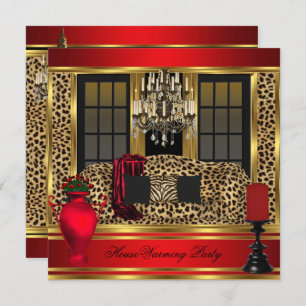 Red Housewarming Party Chandelier Leopard Gold Einladung