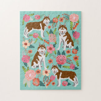 Red Husky Dog Vintag Florals Puzzle