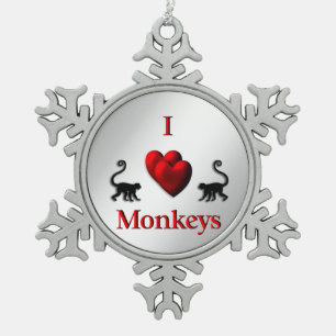 Red I Heart Monkeys Schneeflocken Zinn-Ornament
