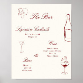 Red Illustrated Whimsical Wedding Bar Menu Poster