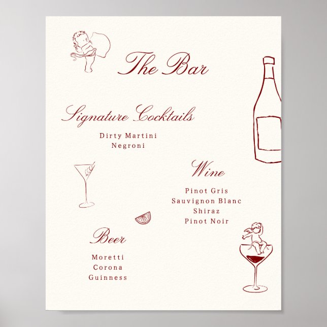 Red Illustrated Whimsical Wedding Bar Menu Poster (Vorne)