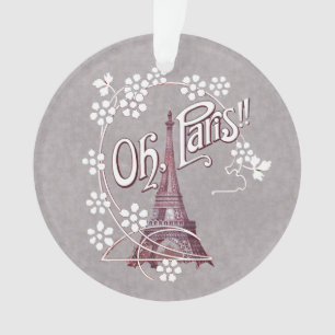 Red Illustration Eiffelturm White Daisies Gray Ornament