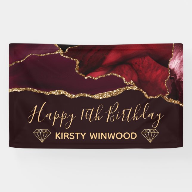 Red & Imitate Gold Glitzer Agate Sweet 16 Banner (Horizontal)