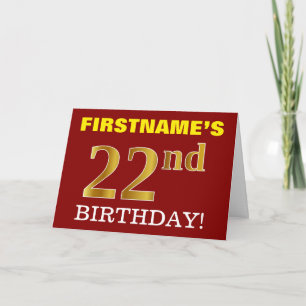 Red, Imitation Gold "22. BIRTHDAY" Geburtstagskart Karte