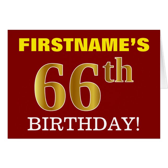 Red, Imitation Gold "66. BIRTHDAY" Geburtstagskart (Vorderseite (Horizontal))