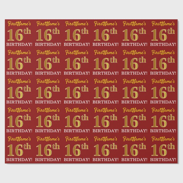 Red, Imitation Gold Look "16. GEBURTSTAG" Geschenkpapier (Flach)