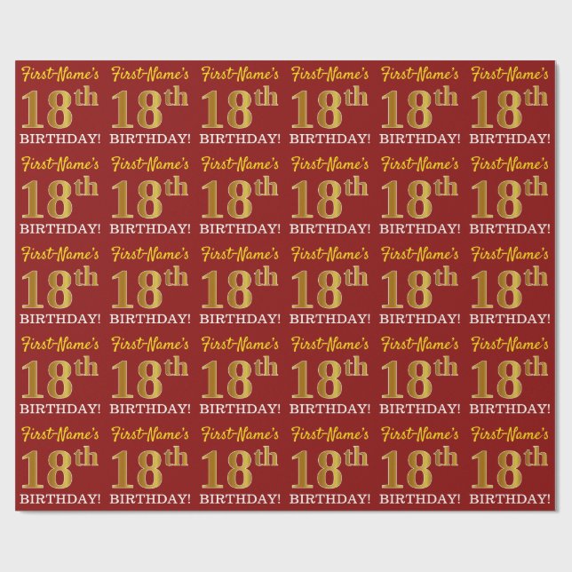 Red, Imitation Gold Look "18. BIRTHDAY" Geschenkpapier (Flach)