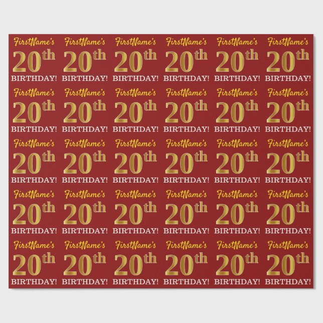 Red, Imitation Gold Look "20. GEBURTSTAG" Geschenkpapier (Flach)