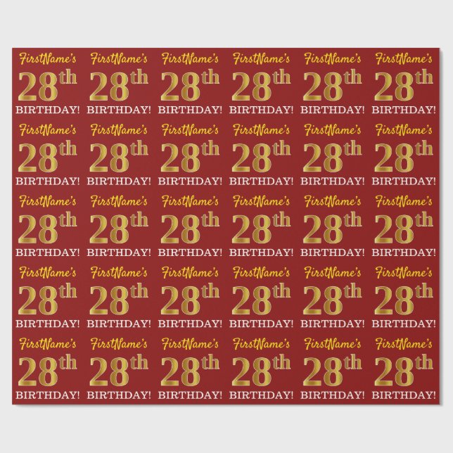 Red, Imitation Gold Look "28. BIRTHDAY" Geschenkpapier (Flach)