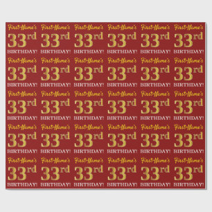 Red, Imitation Gold Look "33. BIRTHDAY" Geschenkpapier