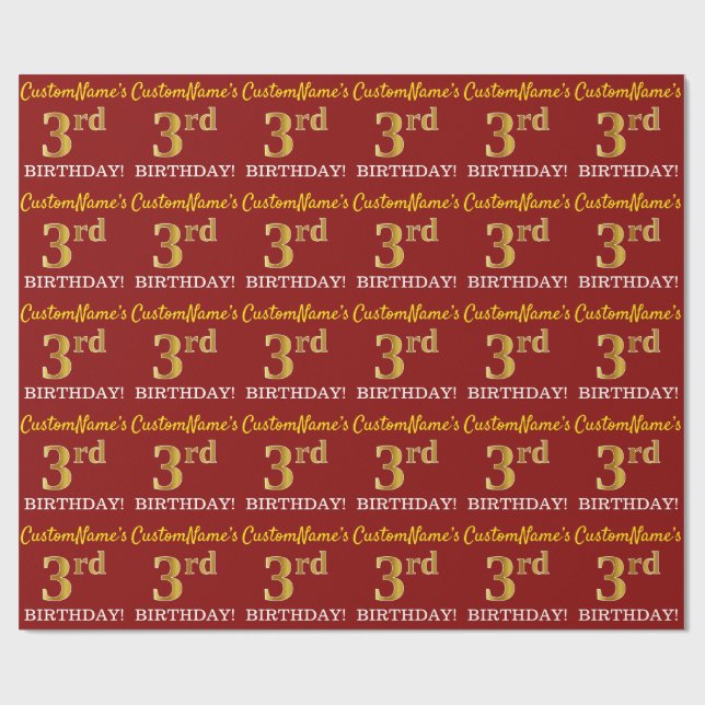 Red, Imitation Gold Look "3. BIRTHDAY" Geschenkpapier (Flach)