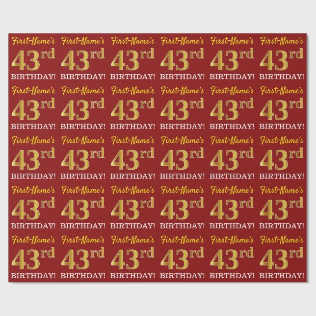 Red, Imitation Gold Look "43. BIRTHDAY" Geschenkpapier (Flach)